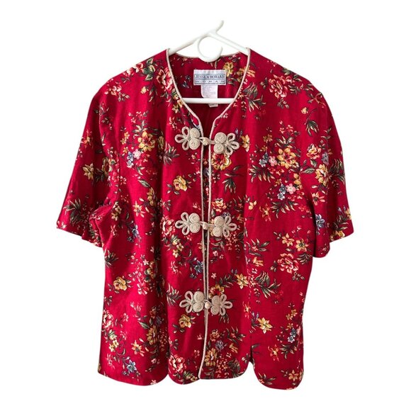 Jessica Howard Woman Red Floral Linen Blend Short Sleeve Jacket Size 22 - Picture 1 of 6